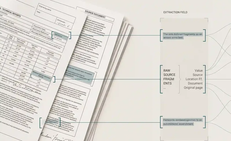 Schematic: a marked span in a source document stays tethered to the structured fact extracted from it.