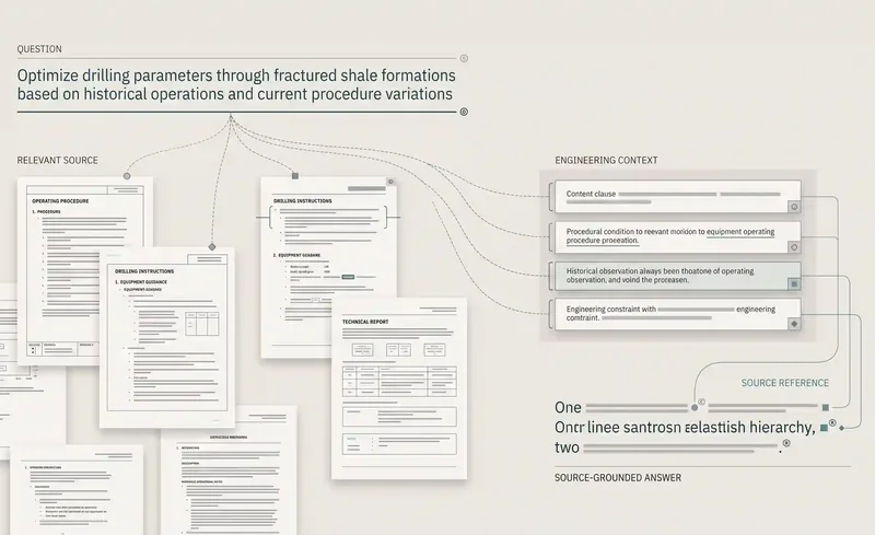 Schematic: a question draws on several separate sources, and the answer stays pinned to each source it uses.
