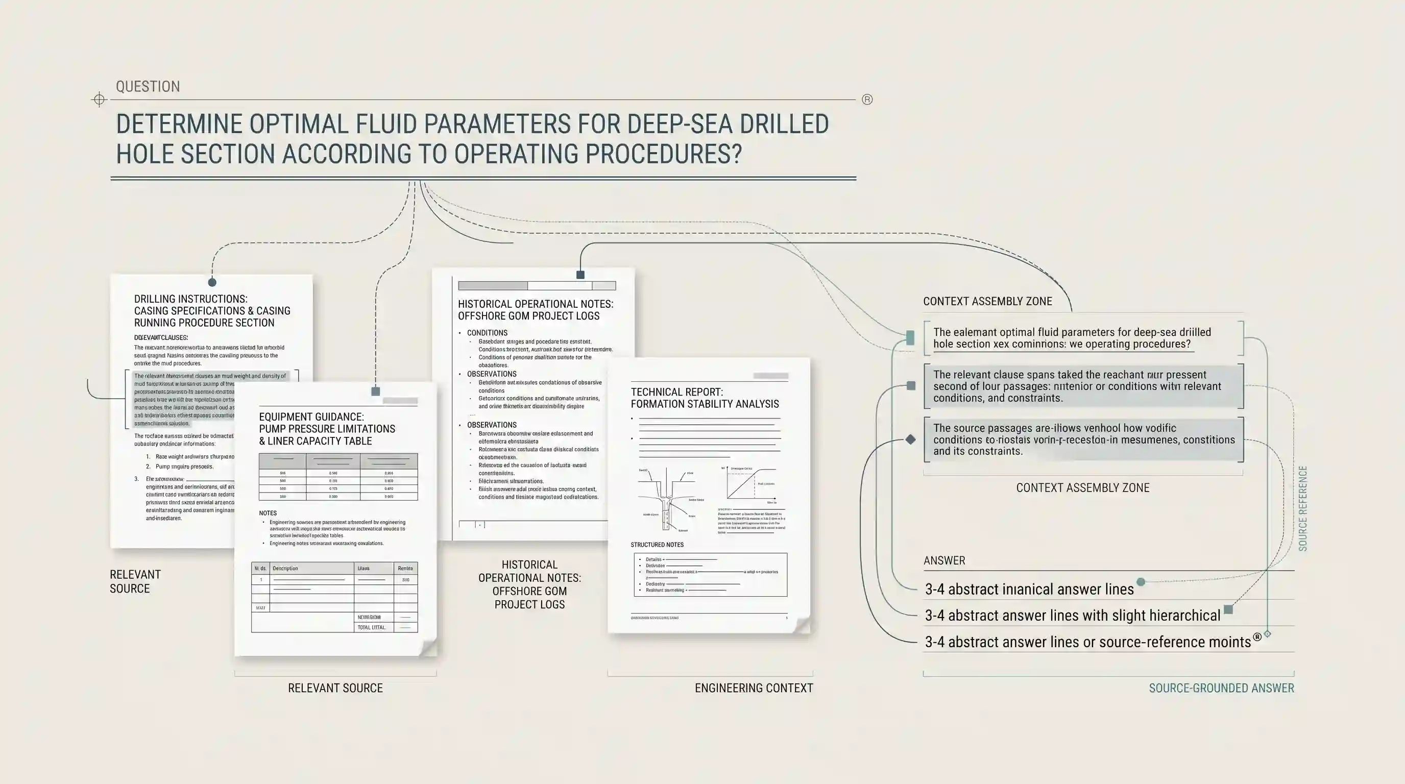 Illustration of a question answered from the operator's own engineering documents, with each part of the answer kept attached to its source