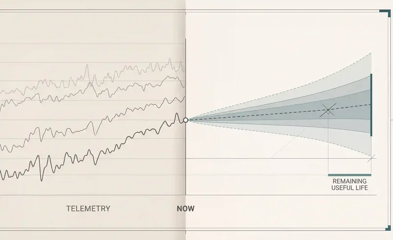 Schematic: operational telemetry runs up to now; beyond it the remaining-life forecast widens into an uncertainty cone, so remaining life is a range, not a point.