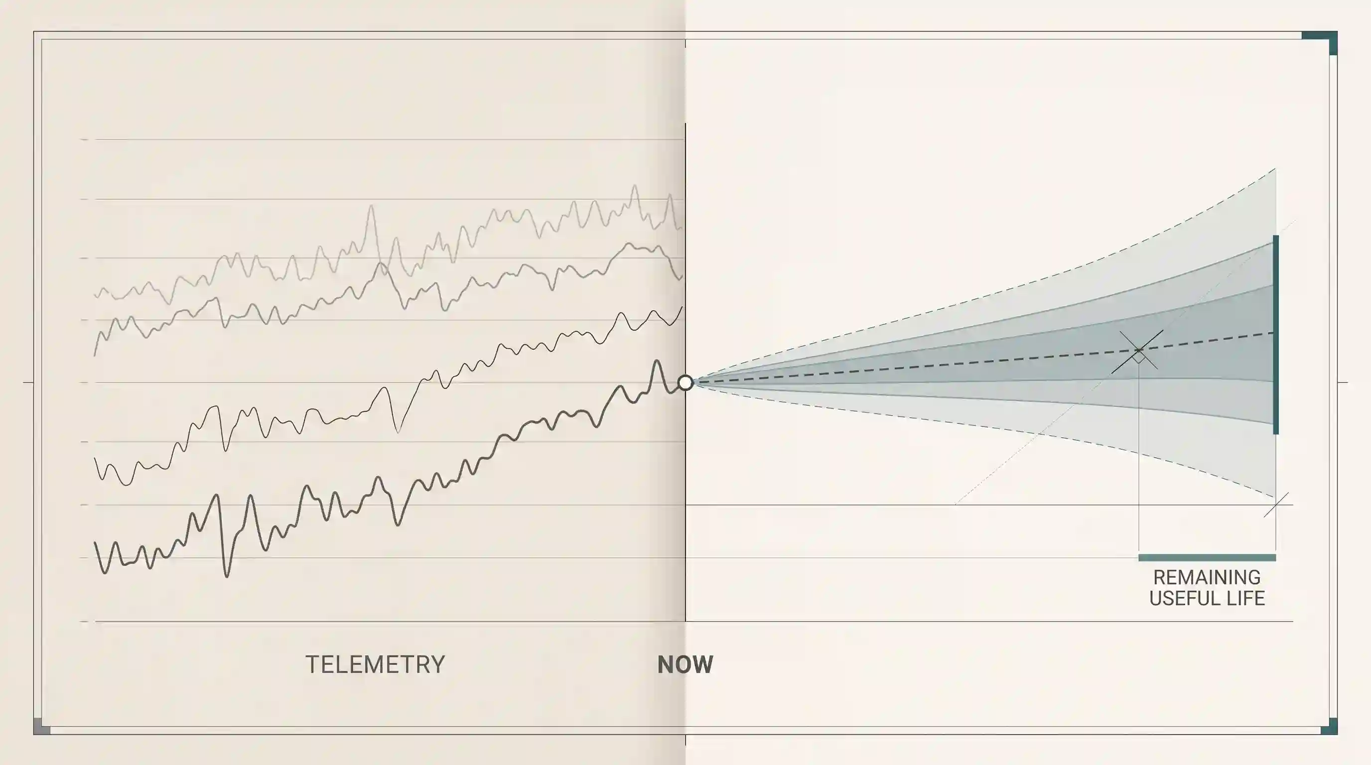 Illustration of remaining useful life as a widening forecast range beyond observed telemetry